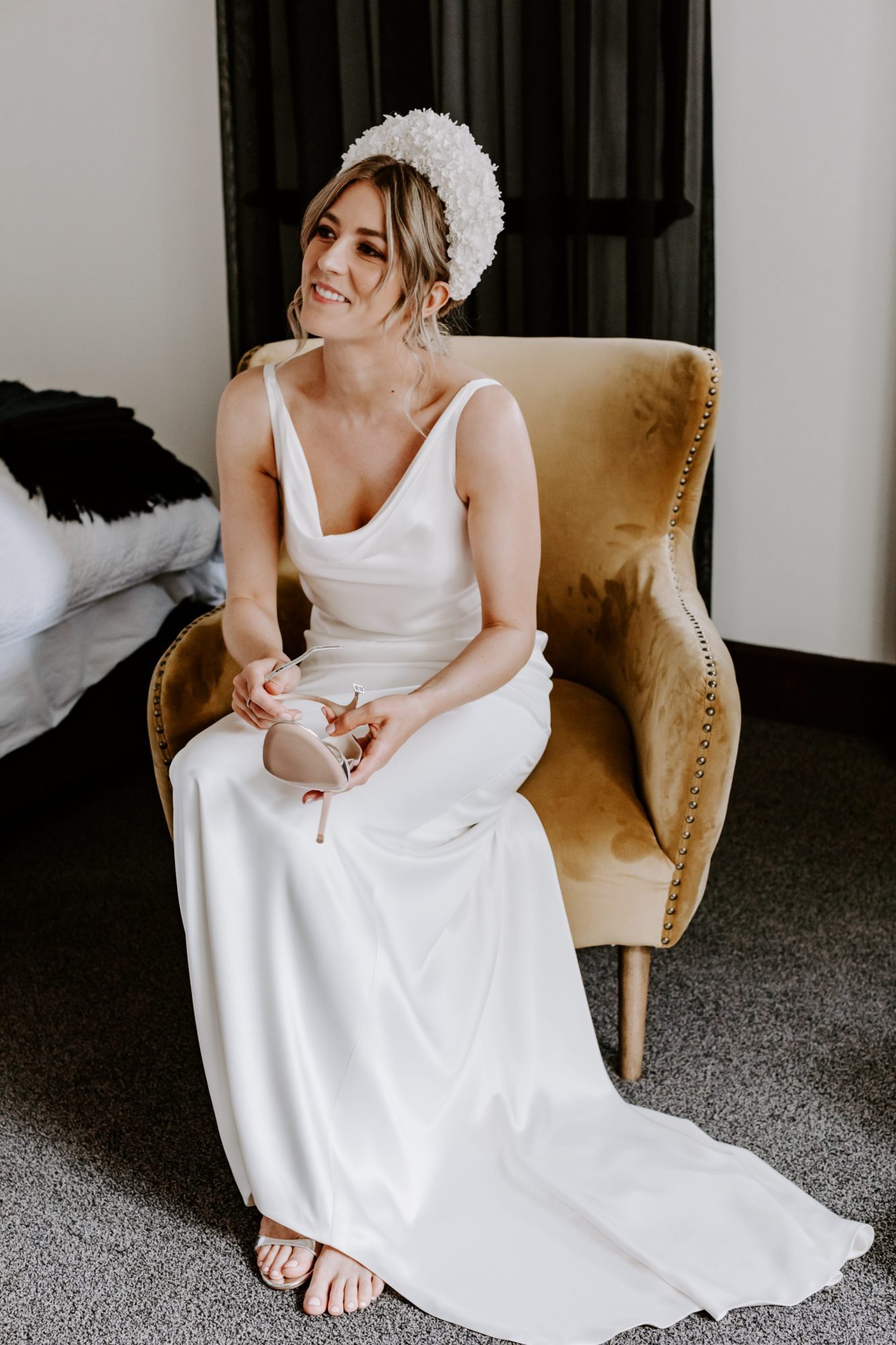 beautiful Eleanor in her Clasch Design wedding gown with cowl neck by Clasch Design